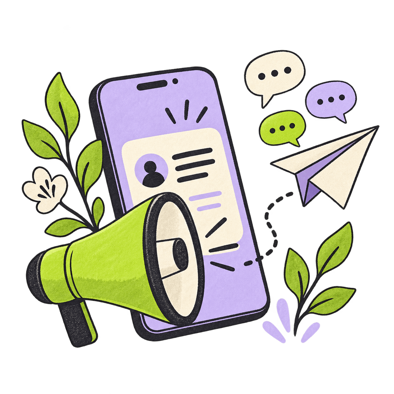 Телефон с постом, рупор и бумажный самолётик Telegram