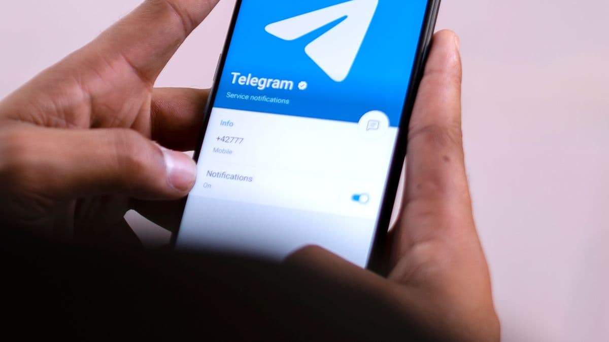 Руки держат смартфон с открытым профилем в Telegram на светлом размытом фоне